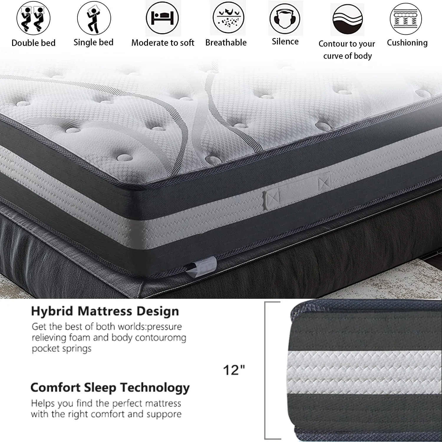 12" Hybrid Pocket Spring Mattress