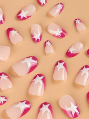 24pcs Short Oval Hot Pink French Star Print Fake Nail Set False Nails Press On
