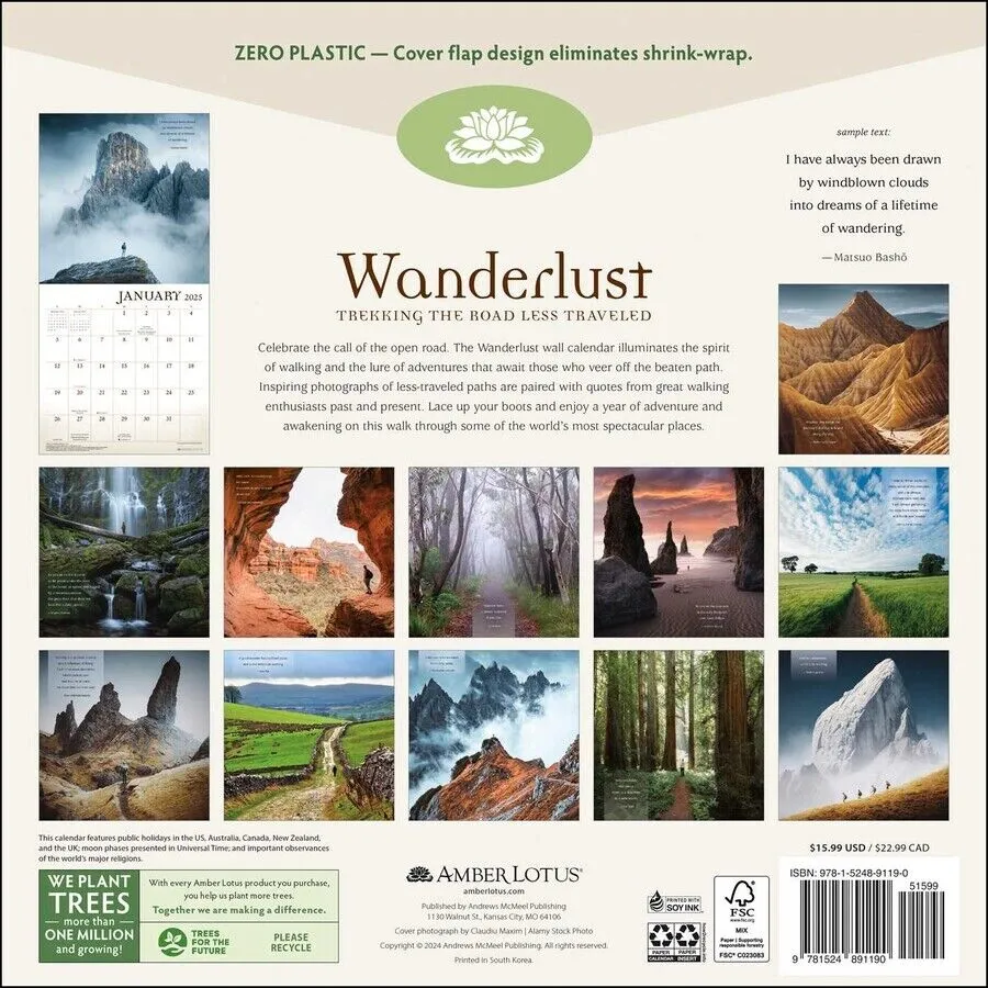 Amber Lotus Wanderlust 12x12 2025 Wall Calendar