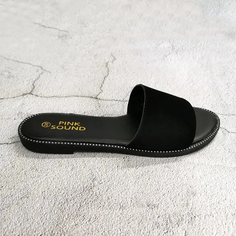 AMOZAE-- Peep Toe Solid Flat Slides, Comfortable Fashion