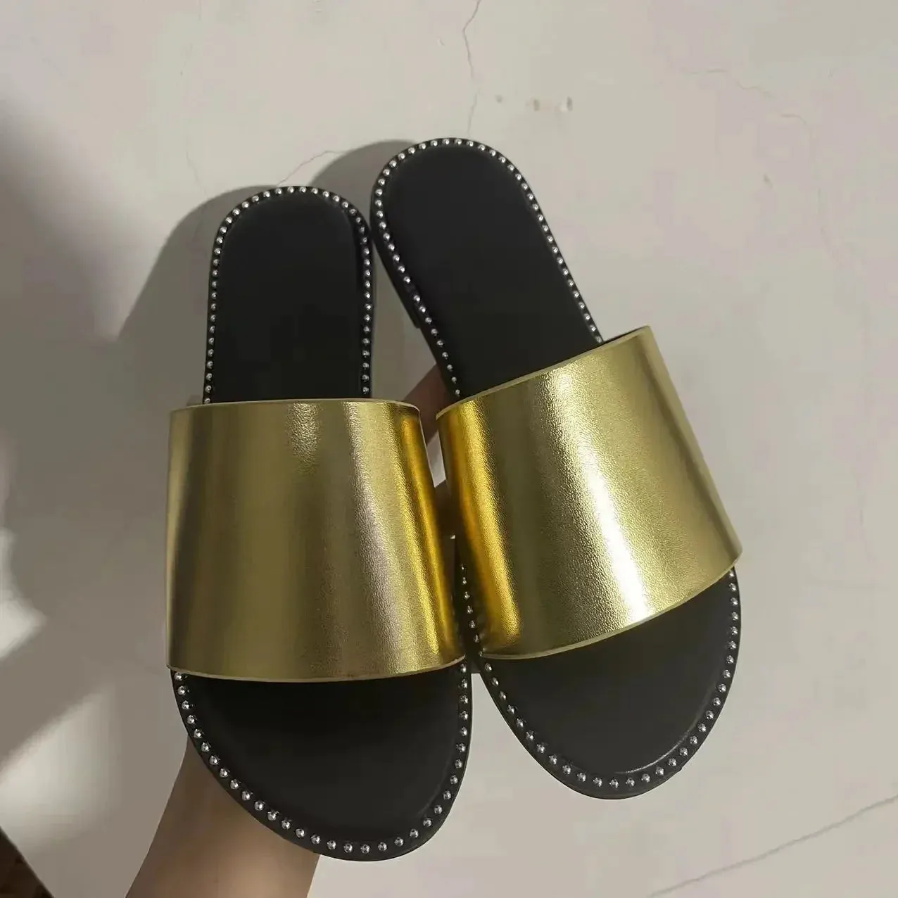 AMOZAE-- Peep Toe Solid Flat Slides, Comfortable Fashion