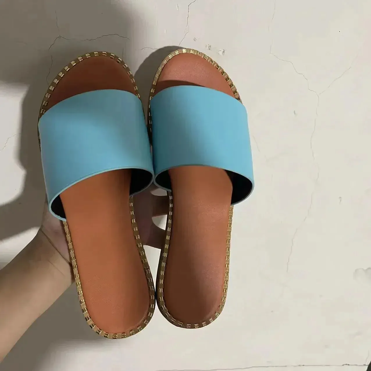 AMOZAE-- Peep Toe Solid Flat Slides, Comfortable Fashion