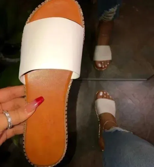 AMOZAE-- Peep Toe Solid Flat Slides, Comfortable Fashion