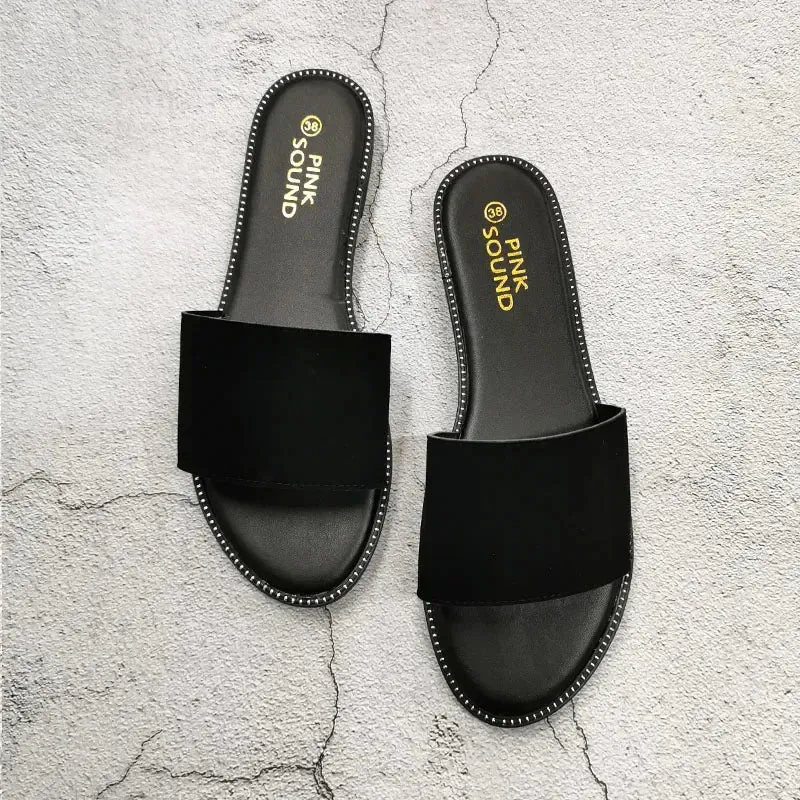 AMOZAE-- Peep Toe Solid Flat Slides, Comfortable Fashion