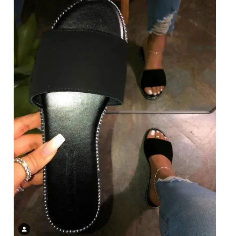 AMOZAE-- Peep Toe Solid Flat Slides, Comfortable Fashion