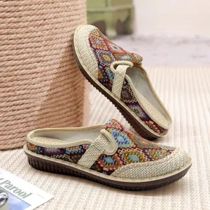 Amozae-Women Slipper Ethnic Embroidery Summer Flat Shoe Linen Wedge Cloth Shoes Soft Sole Walking Elderly Sandal Ladies Slip-on Muller
