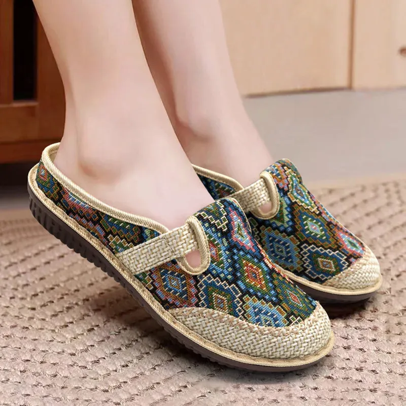 Amozae-Women Slipper Ethnic Embroidery Summer Flat Shoe Linen Wedge Cloth Shoes Soft Sole Walking Elderly Sandal Ladies Slip-on Muller