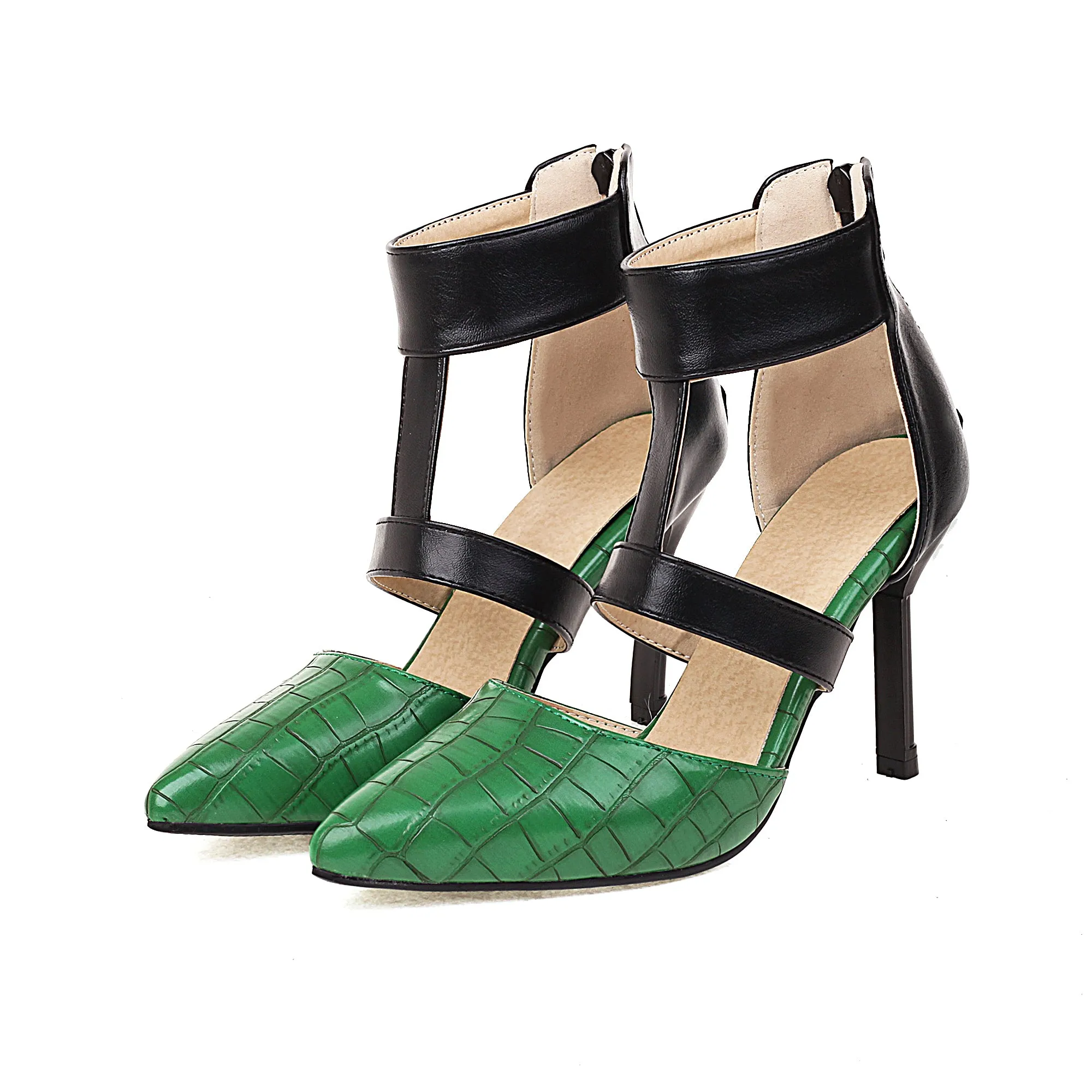 Bigsizeheels T Strap Pointed Toe Stiletto Heels Sandals - Green