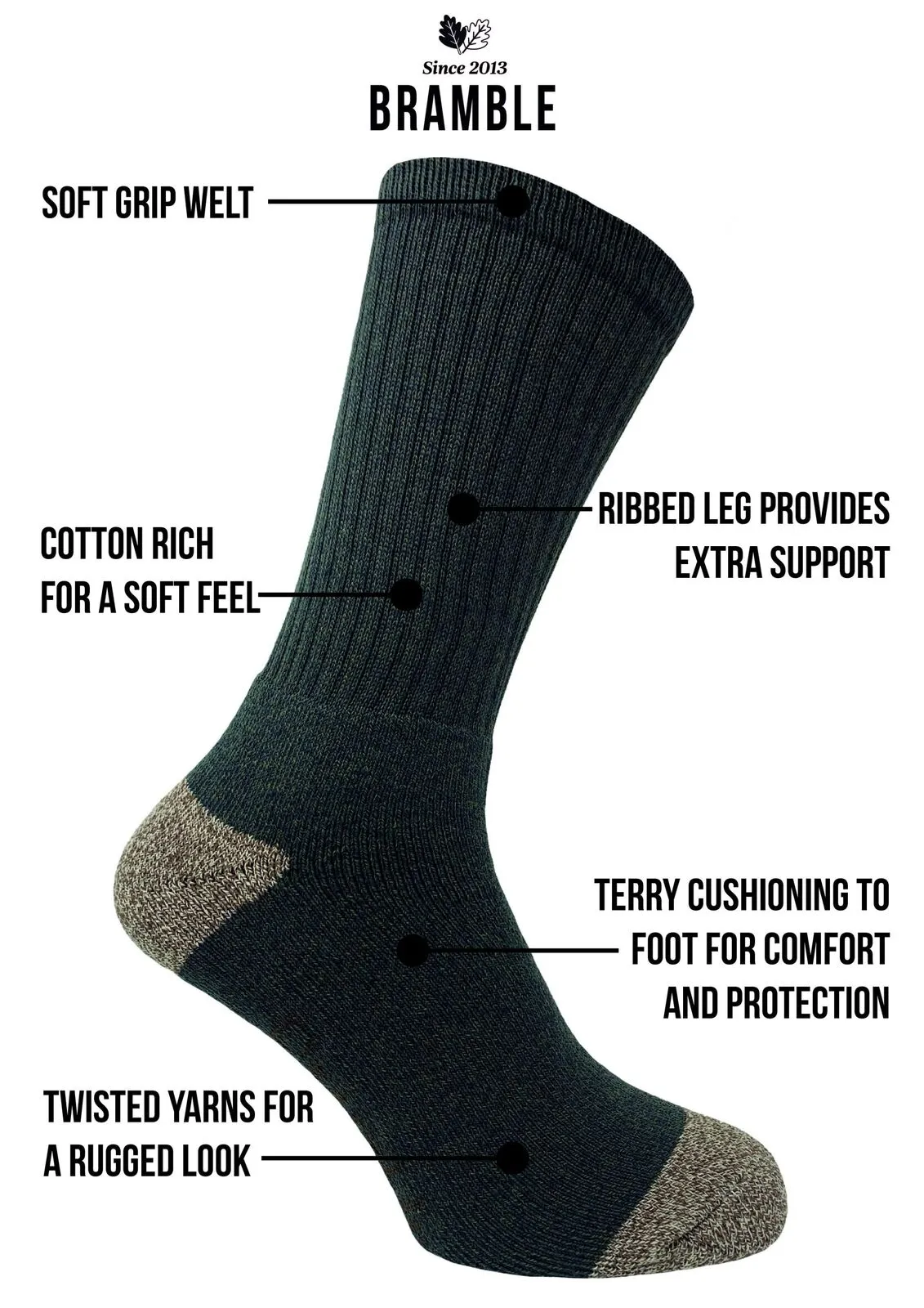 Bramble Mens Docks All Terrain Socks 3PK Green/Beige/Brown 6-11