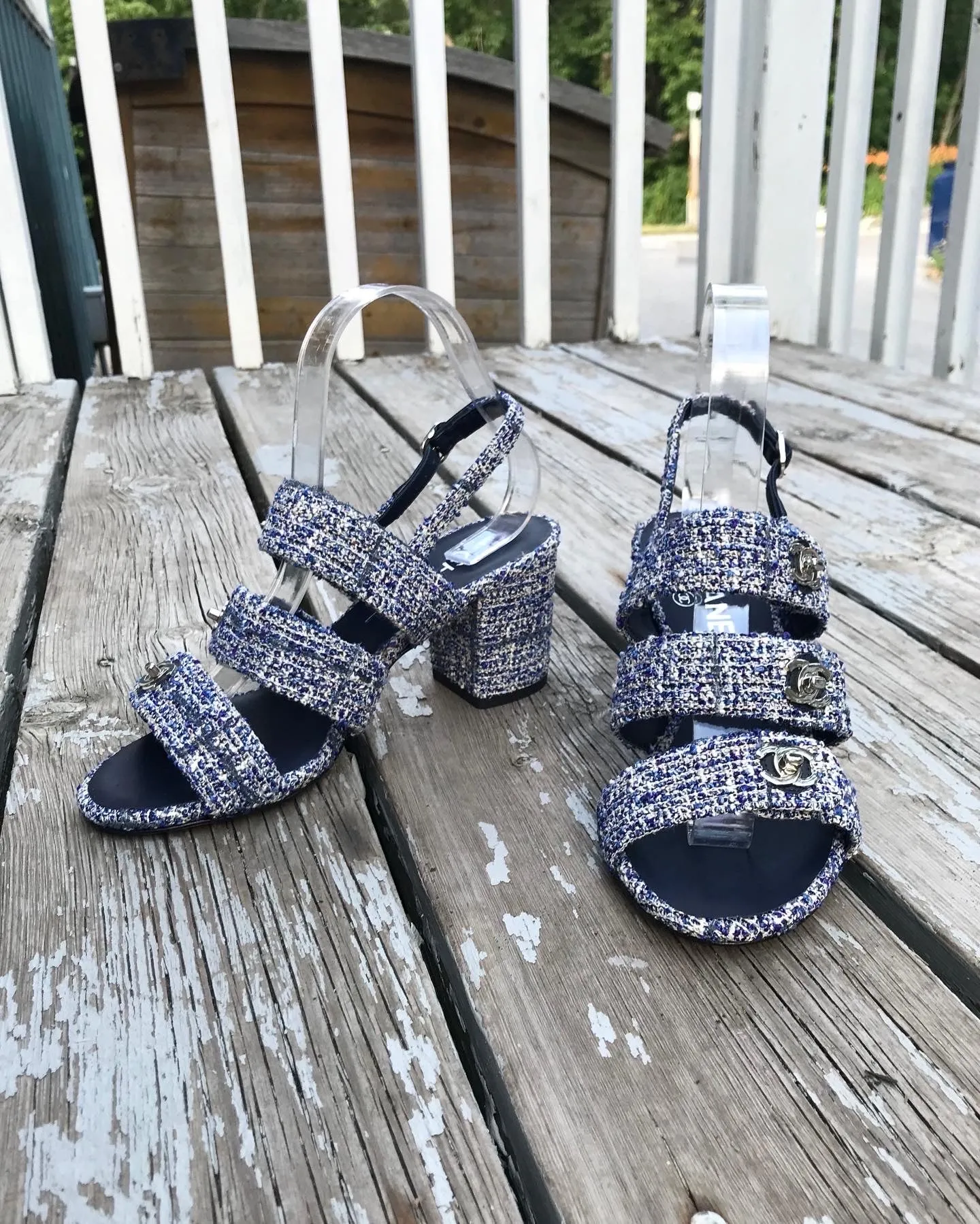 CHANEL Blue Tweed Turn Lock Silver CC Block Heel Sandals