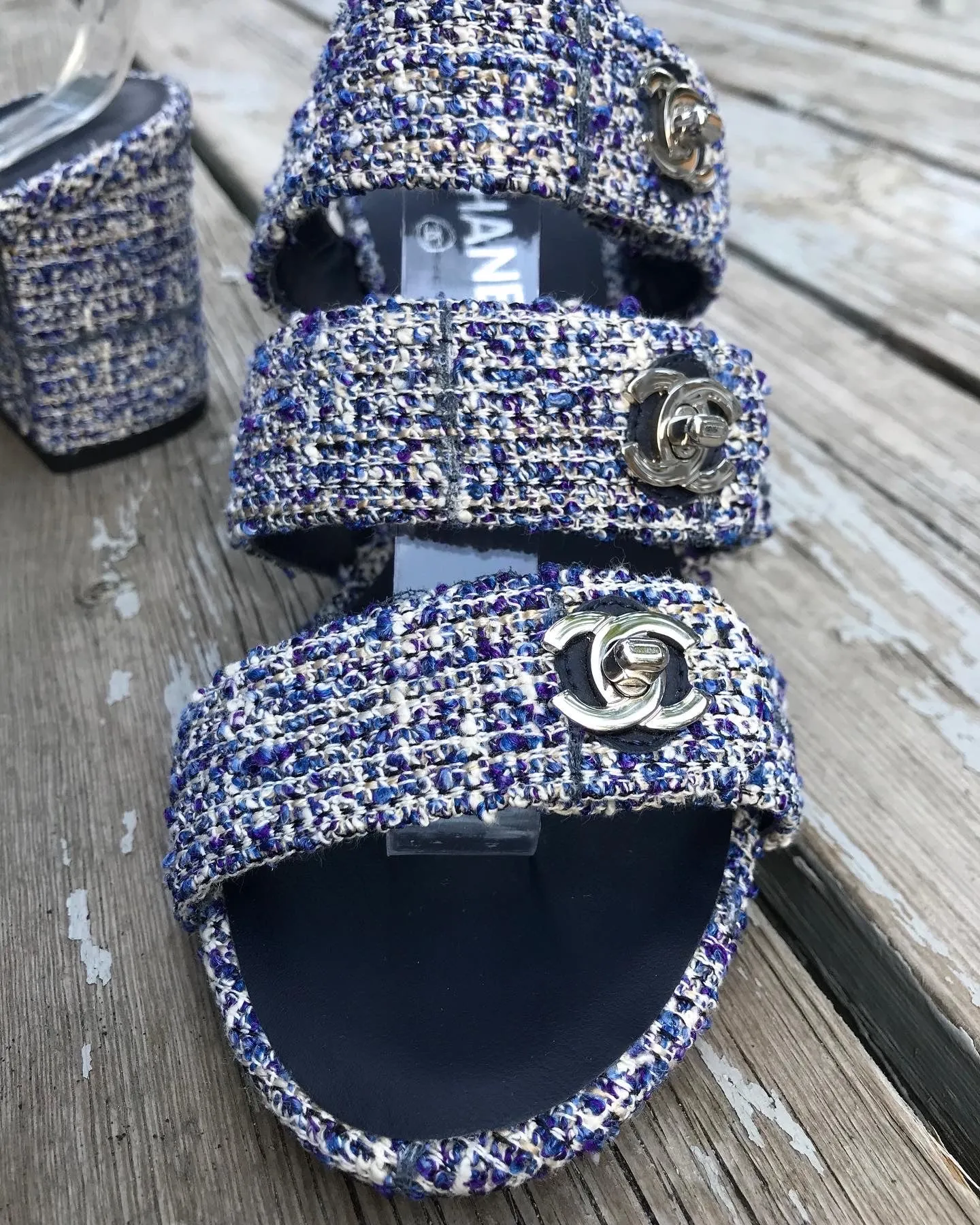CHANEL Blue Tweed Turn Lock Silver CC Block Heel Sandals