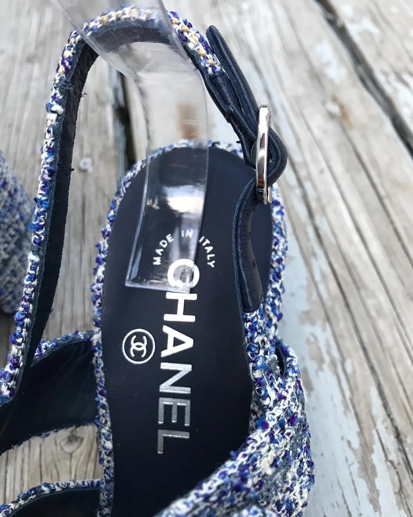 CHANEL Blue Tweed Turn Lock Silver CC Block Heel Sandals