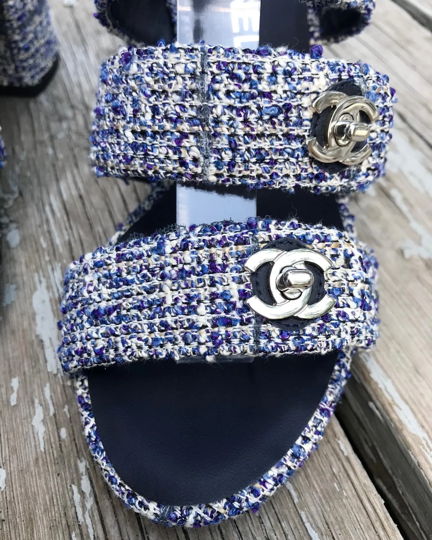 CHANEL Blue Tweed Turn Lock Silver CC Block Heel Sandals