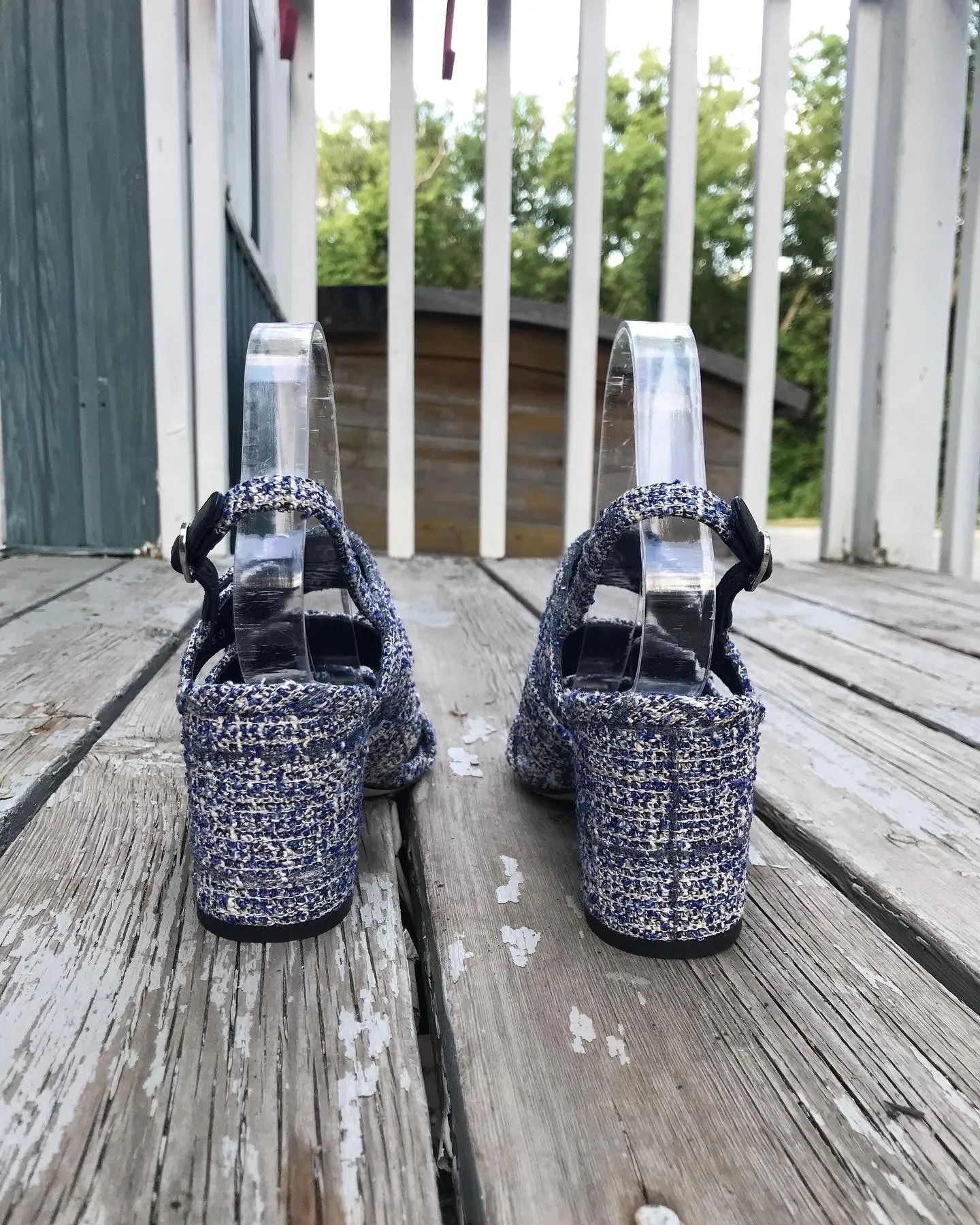 CHANEL Blue Tweed Turn Lock Silver CC Block Heel Sandals