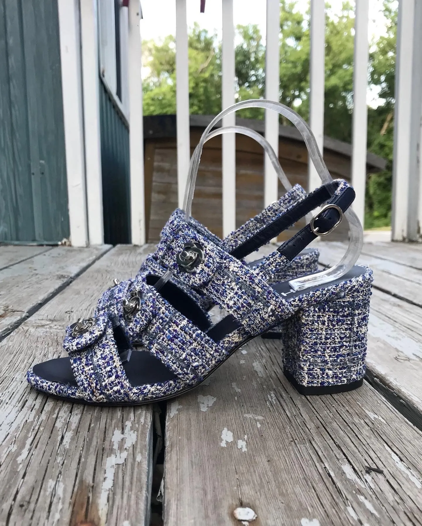 CHANEL Blue Tweed Turn Lock Silver CC Block Heel Sandals