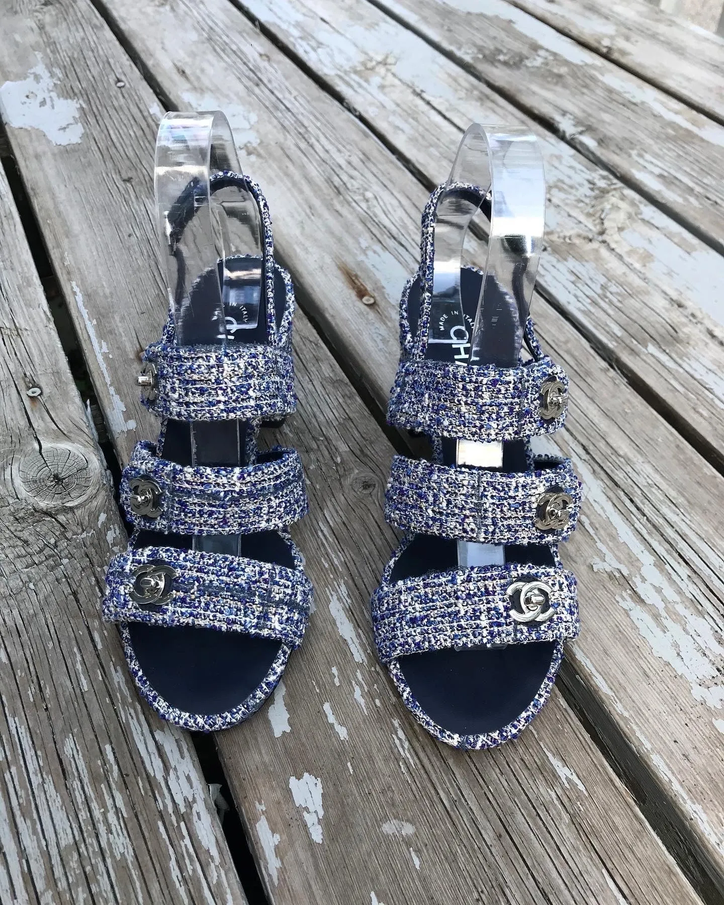 CHANEL Blue Tweed Turn Lock Silver CC Block Heel Sandals
