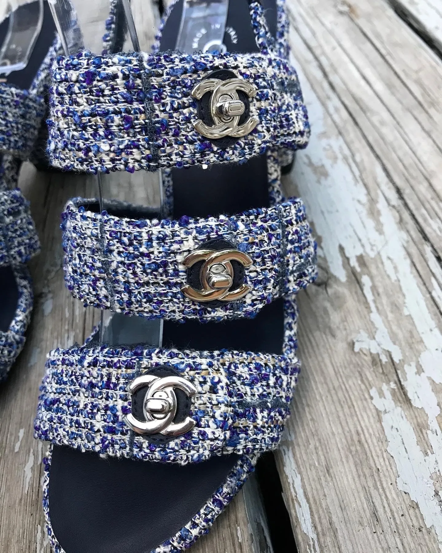 CHANEL Blue Tweed Turn Lock Silver CC Block Heel Sandals