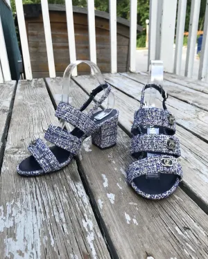 CHANEL Blue Tweed Turn Lock Silver CC Block Heel Sandals