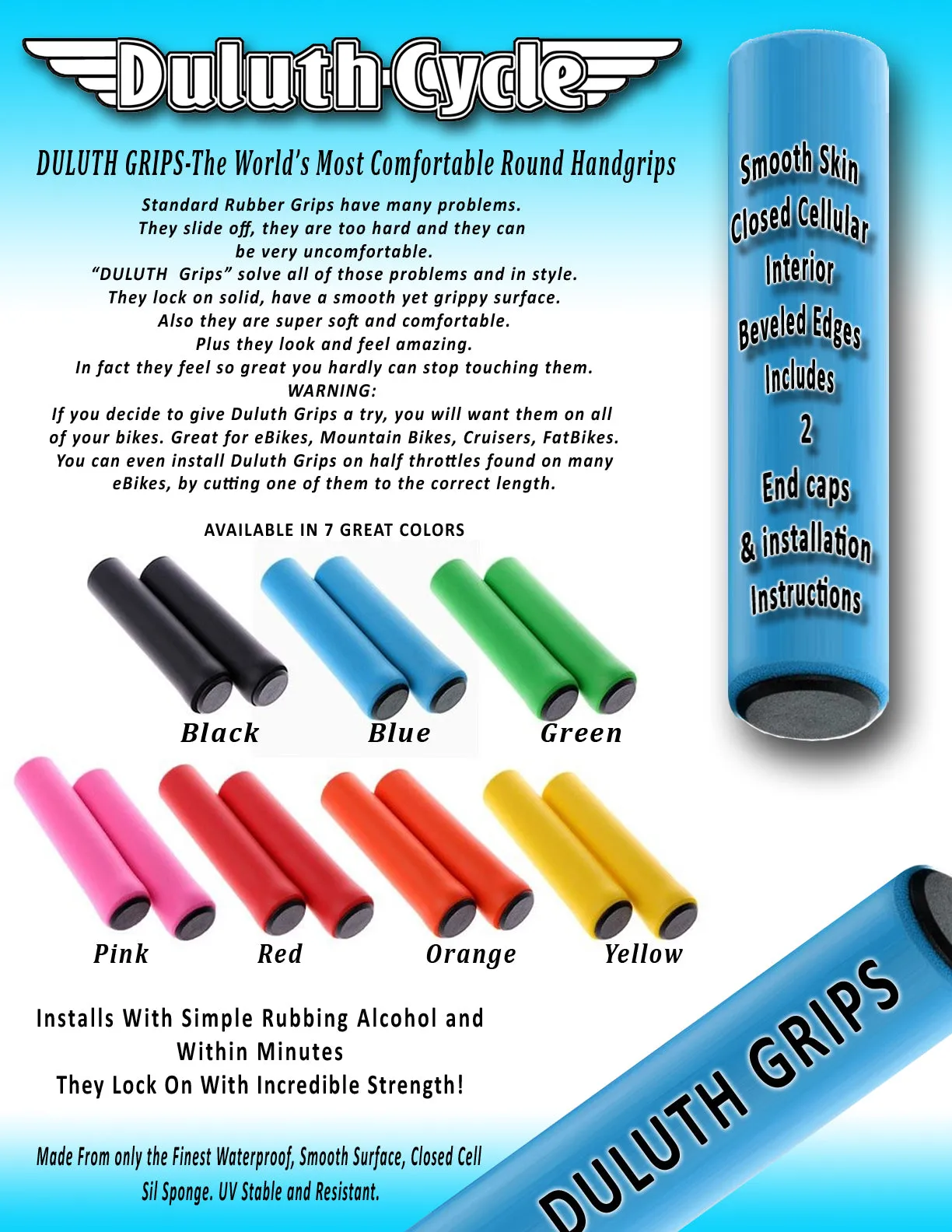 Closed Cell Sponge Bike Handlebar Grips ¼” Thick