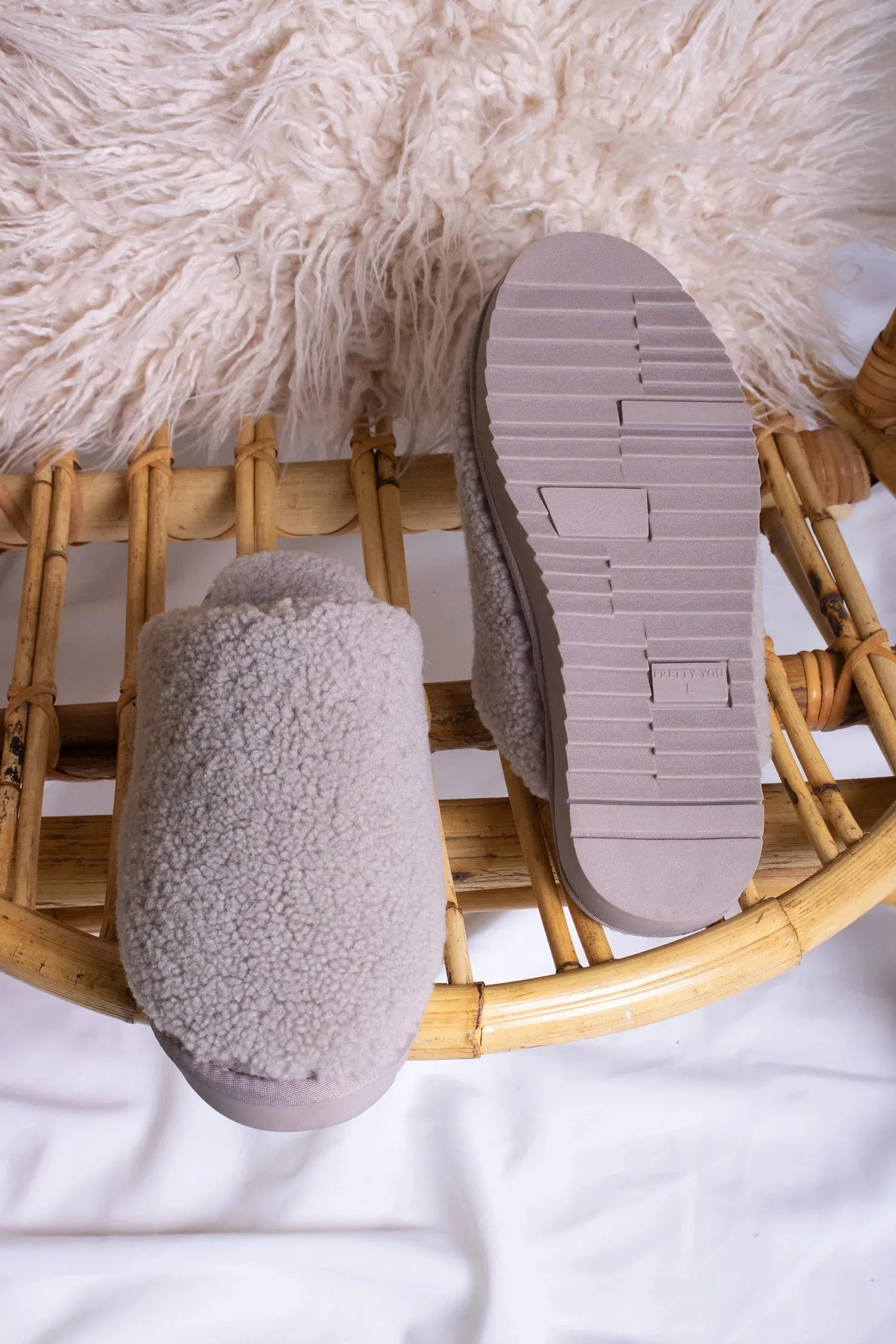 Pretty You London JUDE Natural sheepskin Slider Slippers in Truffle