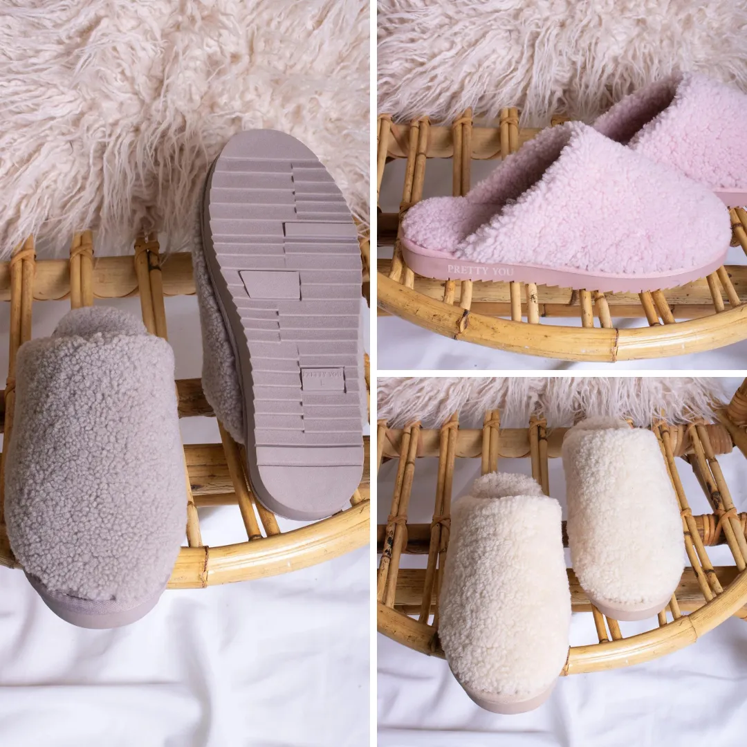 Pretty You London JUDE Natural sheepskin Slider Slippers in Truffle