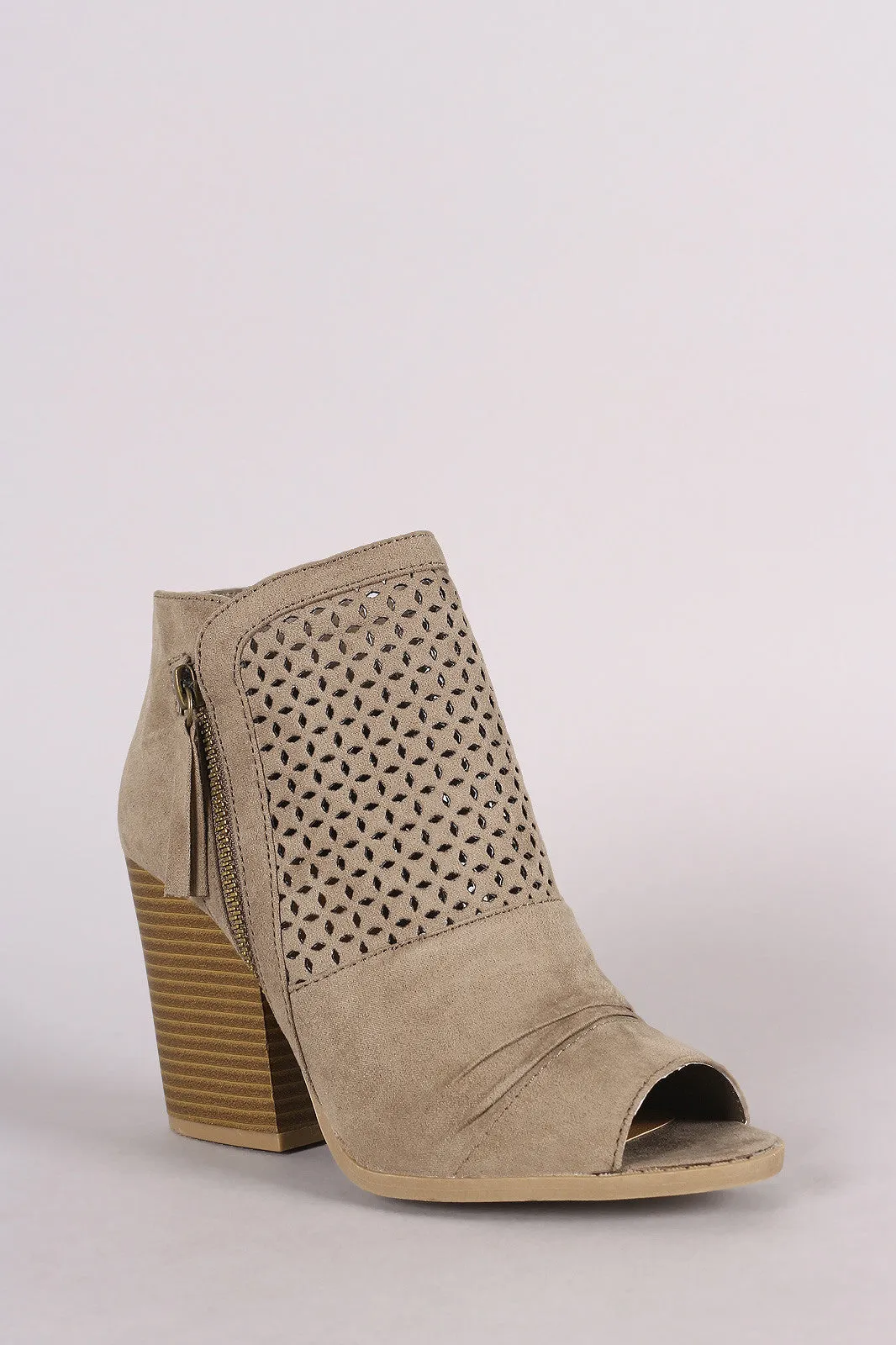 Qupid Suede Perforated Chunky Heeled Booties