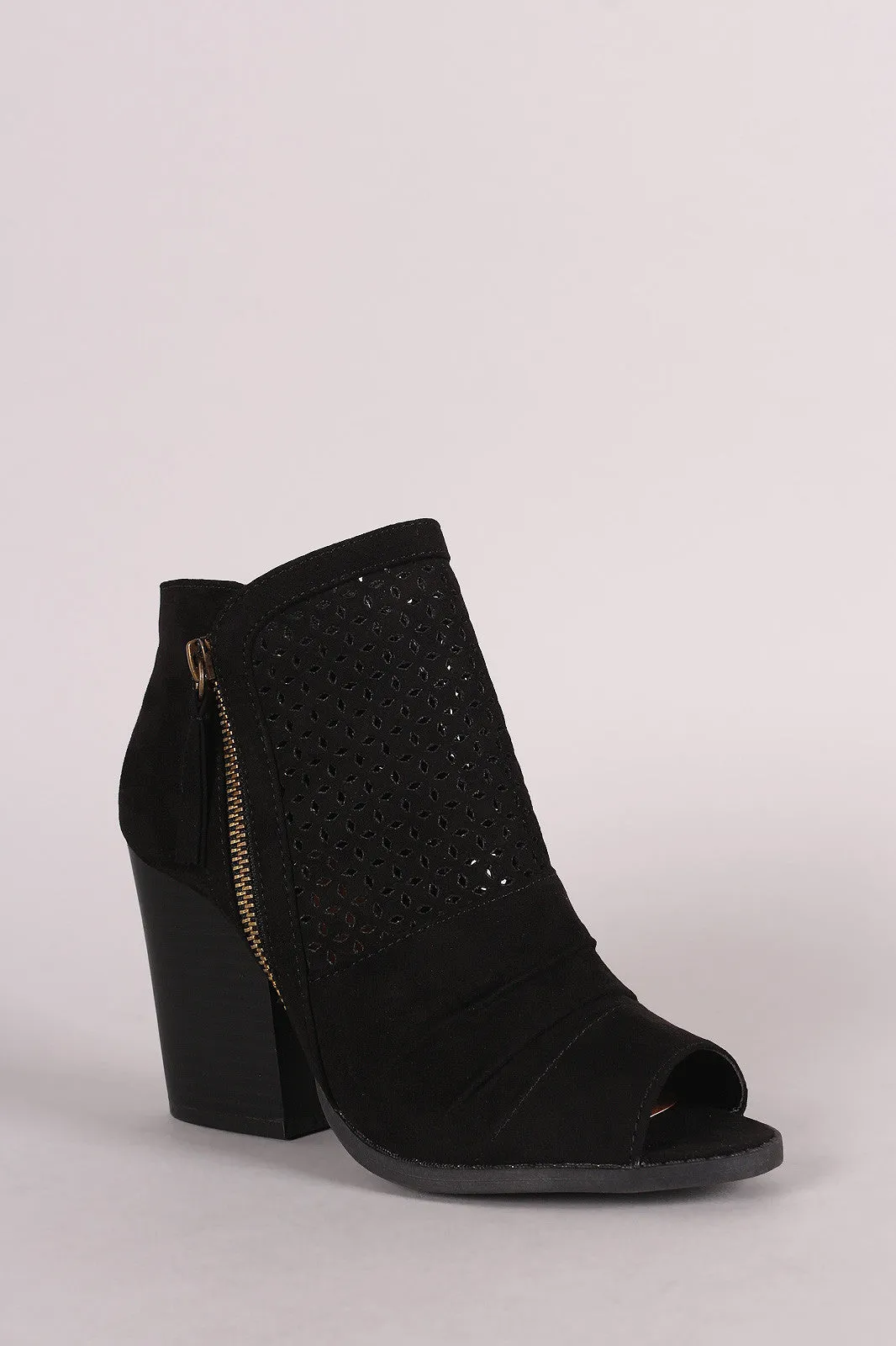 Qupid Suede Perforated Chunky Heeled Booties