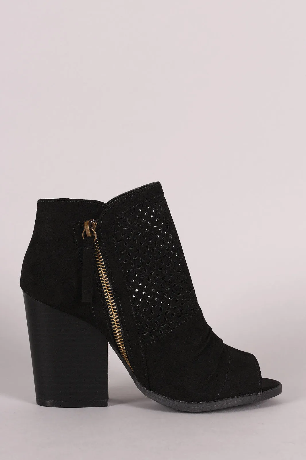 Qupid Suede Perforated Chunky Heeled Booties