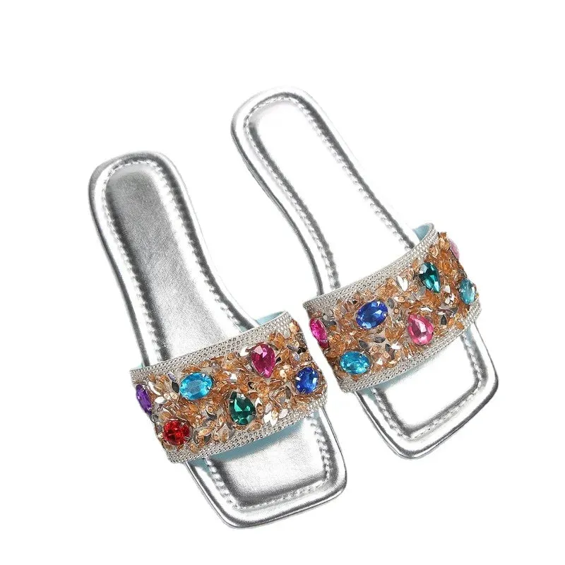 Rhinestone Women's Slippers with Square Toe