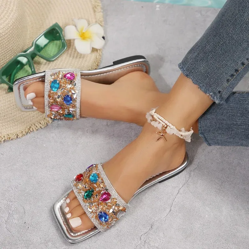 Rhinestone Women's Slippers with Square Toe