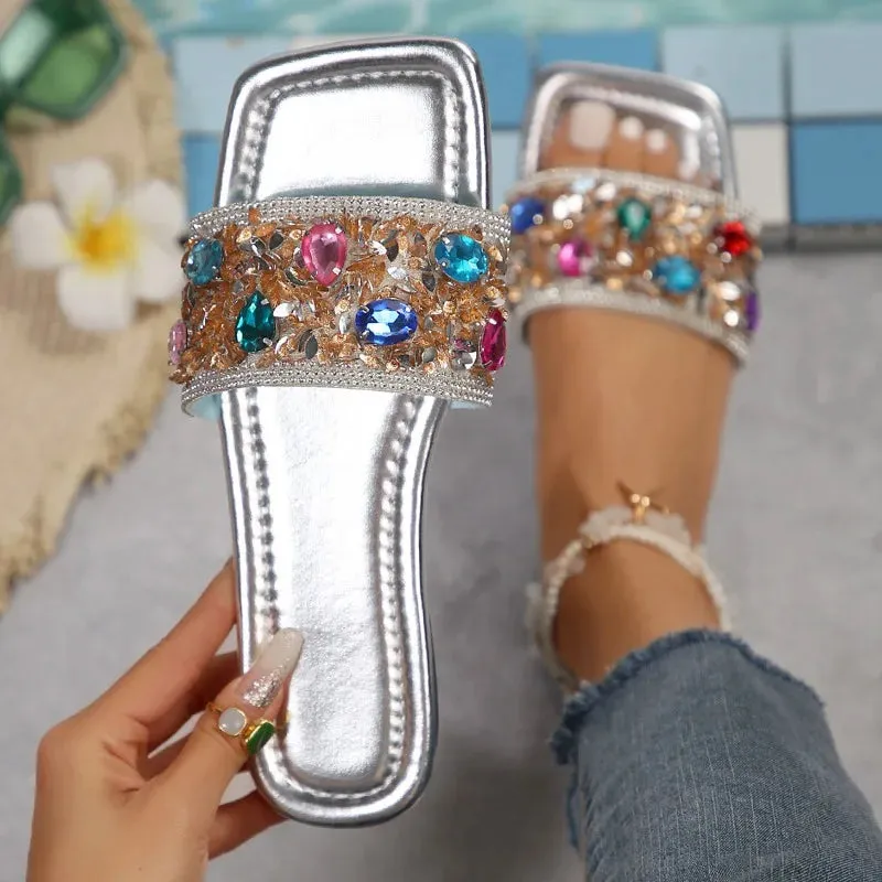 Rhinestone Women's Slippers with Square Toe