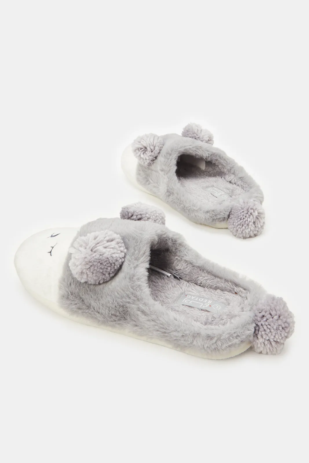 Women Grey Pom Pom Animal Slipper