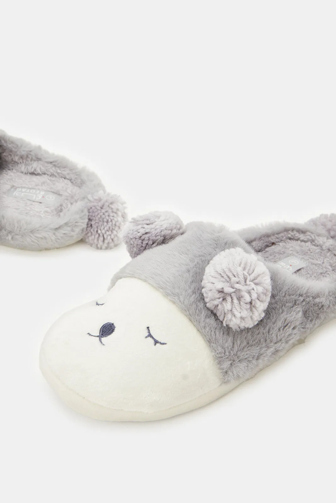 Women Grey Pom Pom Animal Slipper