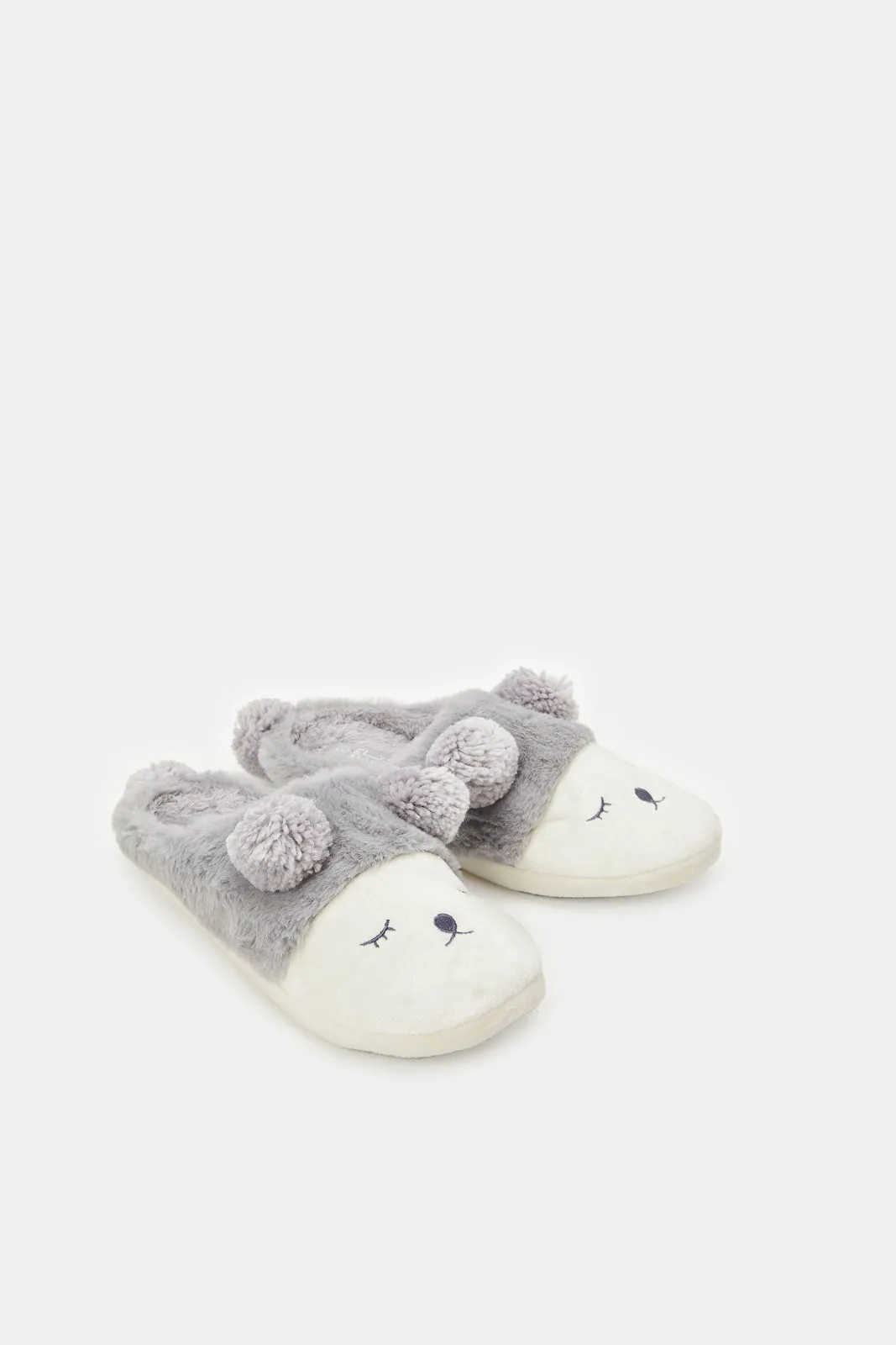 Women Grey Pom Pom Animal Slipper