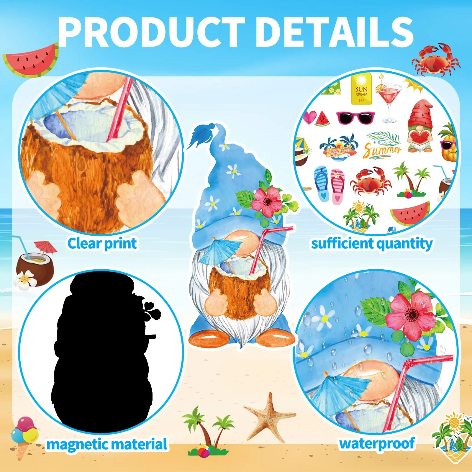 Xuhal 30 Pcs Summer Beach Car Magnets Magnetic Refrigerator Decoration Decorative Gnome Flamingo Palm Tree Magnetic Stickers Hawaii Tropical Magnetic Decals for Cruise Door Fridge Ship Cabin Party